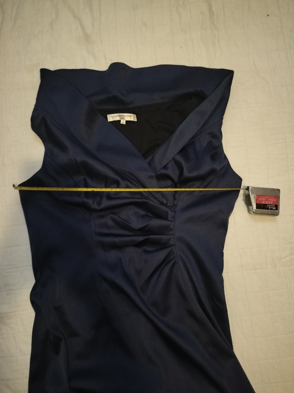 Evan Picone Navy V-Neck Ruched Sheath Midi Dress - Picture 7 of 10
